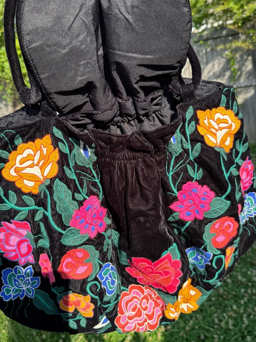 Zara Embroidered Floral Velvet Tote Bag - Black & Multicolor